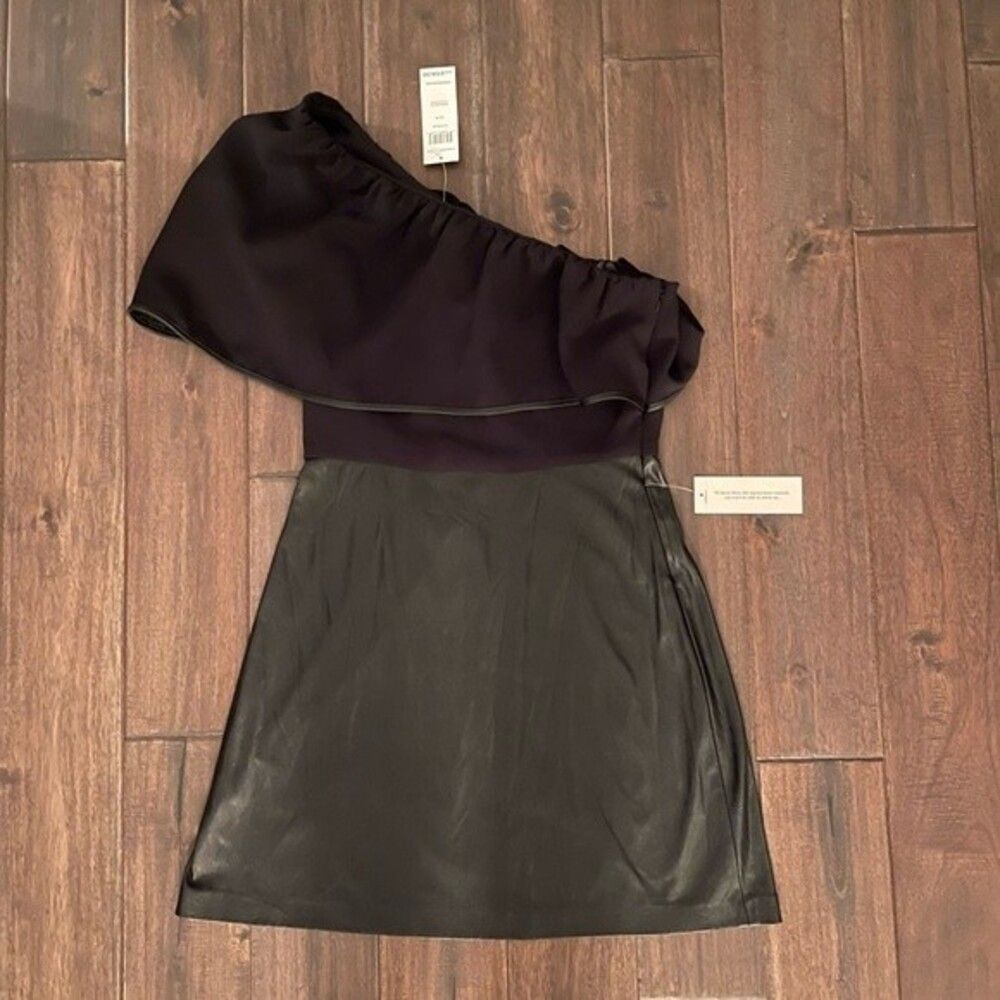 BCBGeneration Black One Shoulder Faux Leather Dress 6 NWT